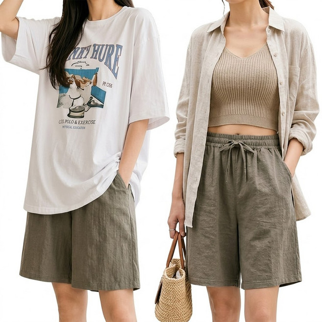 [1+1] B여성쿨인견5부반바지 여름 여자 시원한 와이드 밴딩 린넨 여리핏