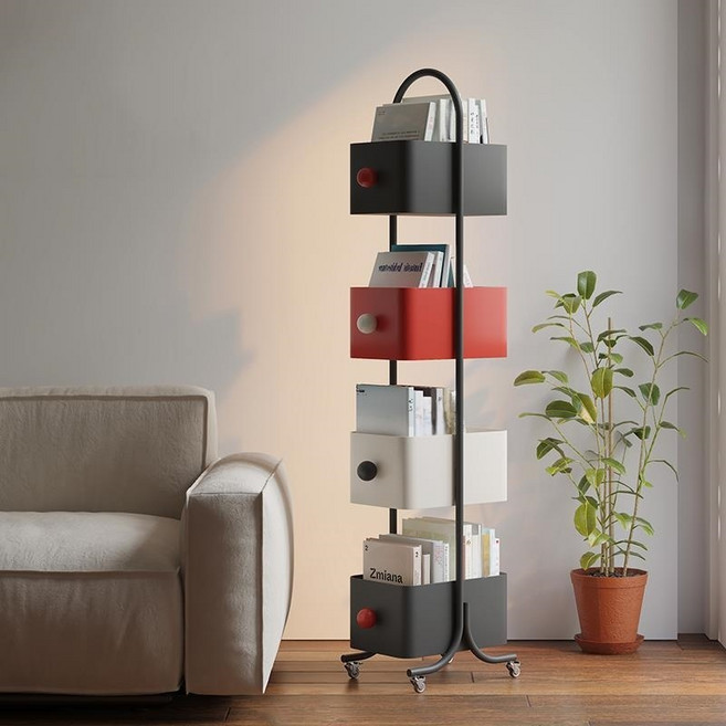 책장 360도 회전 가능한 고급 이동식 책꽂이 거실 책장 선반, 4단, 블랙혼합