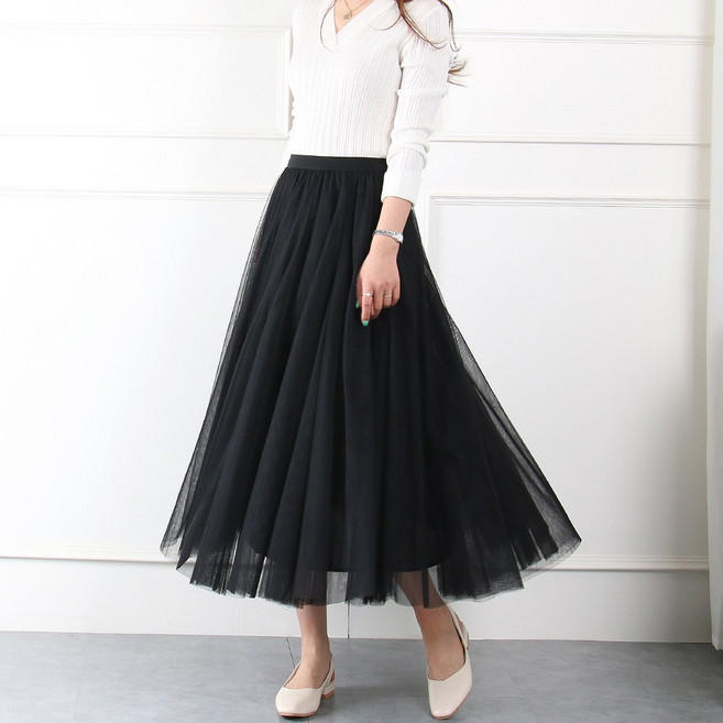 [숏/롱 S~3XL]여성 플레어 망사치마 빅사이즈 밴딩치마 지젤 샤스커트