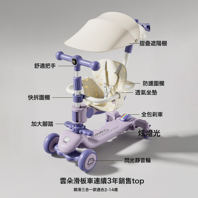 DIU 滑板車兒童1-3-6-18歲男女寶寶三合一可坐可騎摺疊小孩溜溜踏板車, 1個, 紫色【頂配款】遮陽棚+護欄+推把+音樂