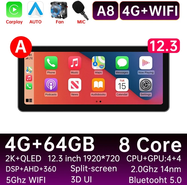 12.3 "인치 자동차 안드로이드 카플레이 라디오 스테레오 비디오 플레이어 네비게이션 GPS 2din 범용 멀티