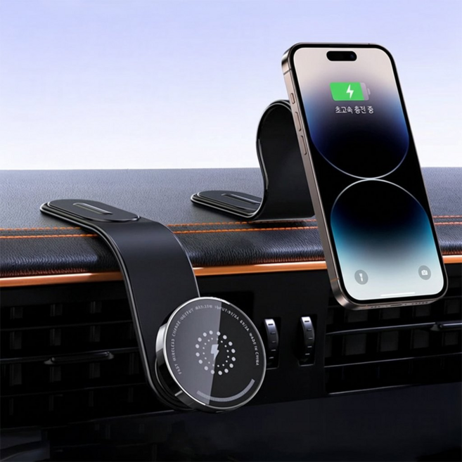 차량용 고속 충전기 무선 자석 휴대폰 거치대 멀티 충전기+2개 자기흡입링, 블랙, 15W-3