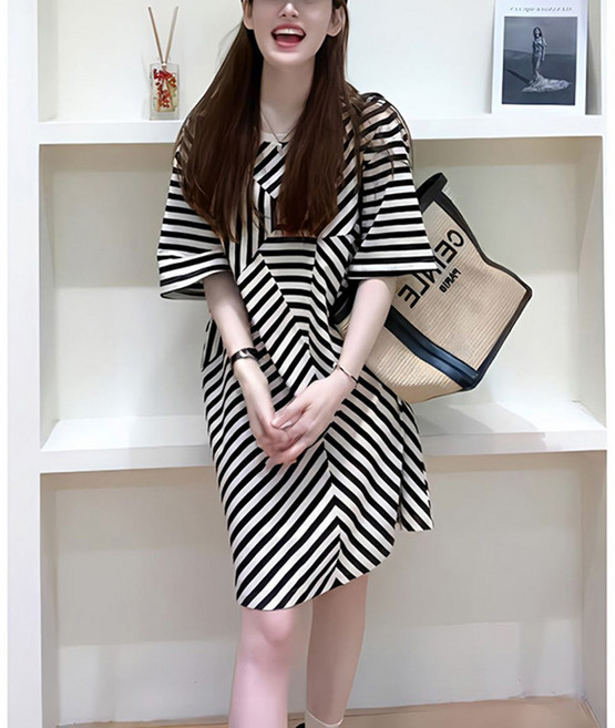 루즈핏 스트라이프 원피스 여성 디자인 캐주얼 패션 심플 a라인 스커트