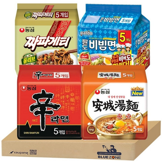 오뚜기 농심 팔도 봉지라면 4종 세트 (신라면5P + 안성탕면5P + 짜파게티5P+ 팔도비빔면5)