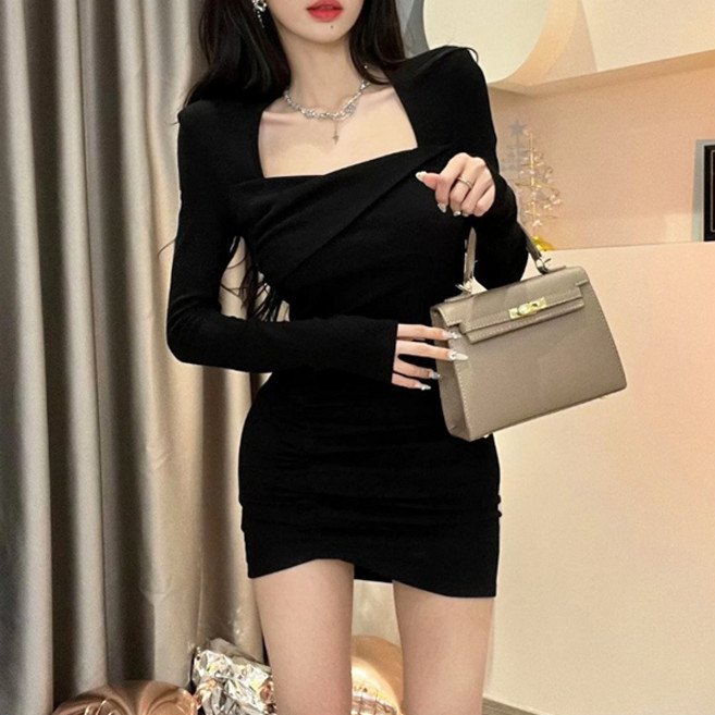 온율 슬림핏 스퀘어넥 셔링 긴팔 여성 타이트 데이트룩 클럽룩 미니원피스