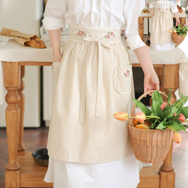 자수 하프 꽃 허리앞치마 프릴앞치마 예쁜 앞치마 면 허리, 1개, 소라색
