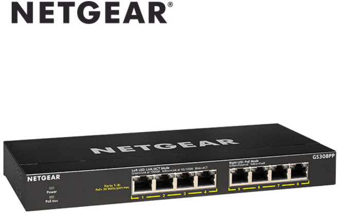 넷기어 GS308PP - 8포트 기가비트 SOHO 이더넷 스위치(8포트 PoE+ 지원), 1개