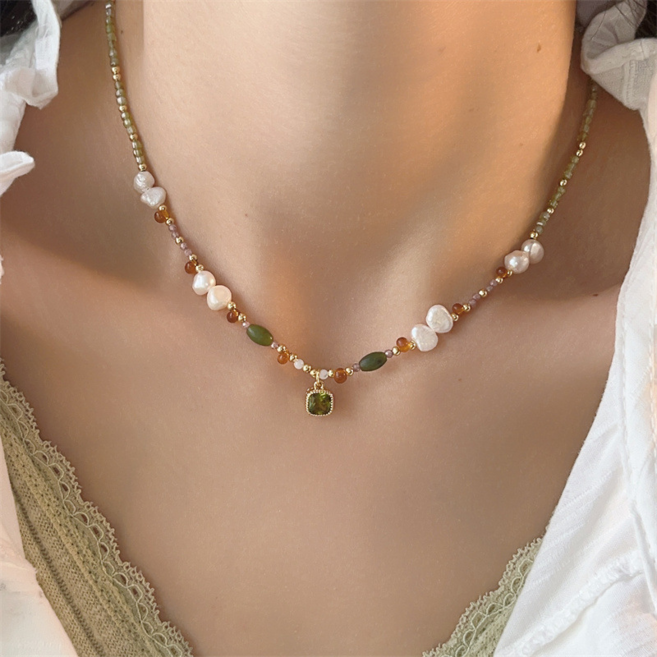 천연 담수 바로크 진주 목걸이 페리도트 원석 by 모리에