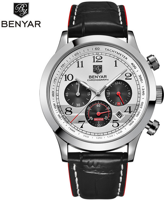 위드에이 BENYAR 5107 남자 가죽 손목시계 메탈시계 오토캘린더 스톱워치 비즈니스 정장 쿼츠시계 요일표시 명품디자인