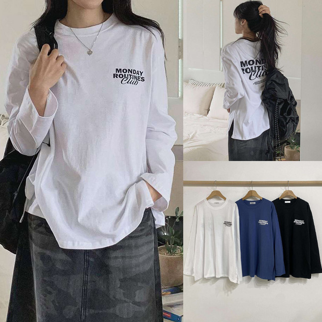 여성 박스티 먼데이 롱 슬리브 면 티셔츠 봄가을 오버핏 라운드 긴팔티
