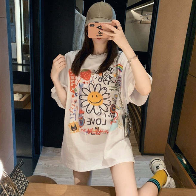 에리페 여성용 스마일 프린팅 반팔 티셔츠