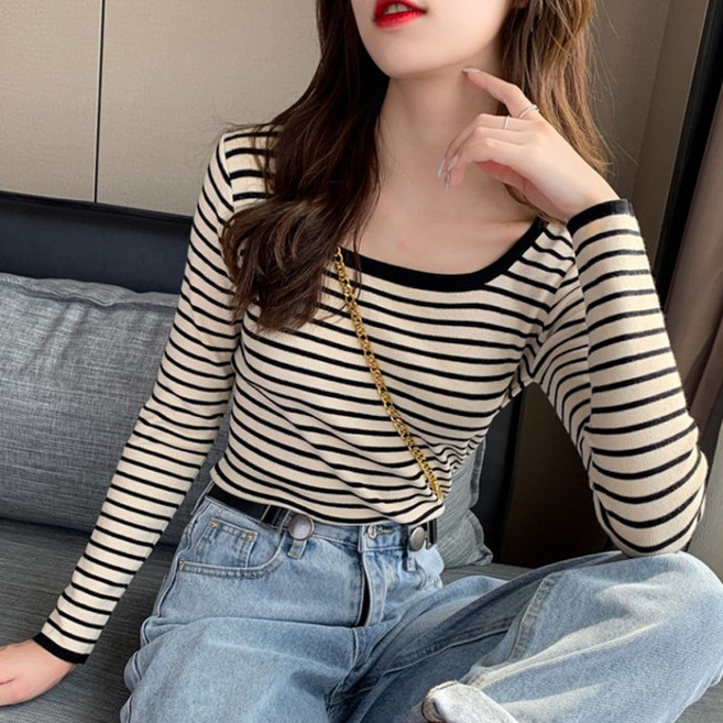 여성 스트라이프 6컬러 긴팔 티셔츠 U넥 라인 슬림 스판 캐주얼