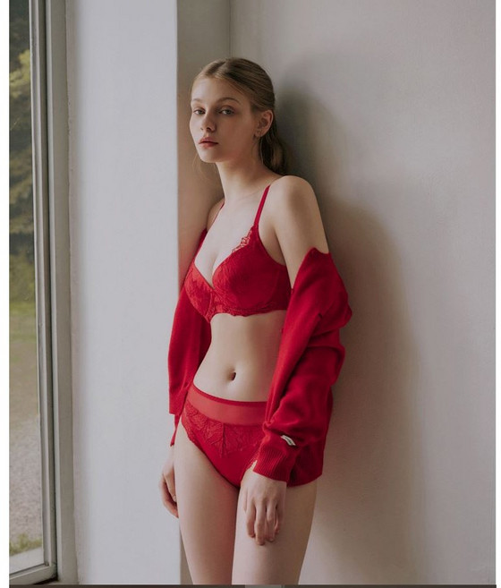 비너스 오르화 소프트 와이어 풀컵 레이스 브라 + 힙레이스팬티 세트 RD