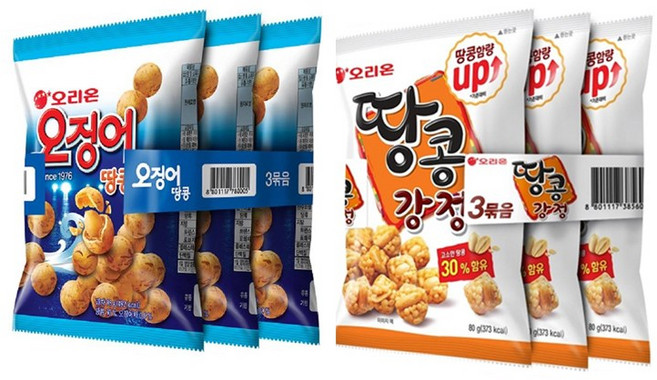 오리온 오징어땅콩 3번들(98gX3봉)5개＋땅콩강정(80gX3봉)5개, 1, 98g