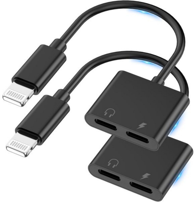 Apple MFi 인증 아이폰 라이트닝 2팩 어댑터 2개 듀얼 AUX충전 동글 케이블 스플리터 14 13 12 11 XS XR X 8 지원 통화충전 블랙, Apple MFi 인증 아이폰 라이트닝 2팩 어댑터 2