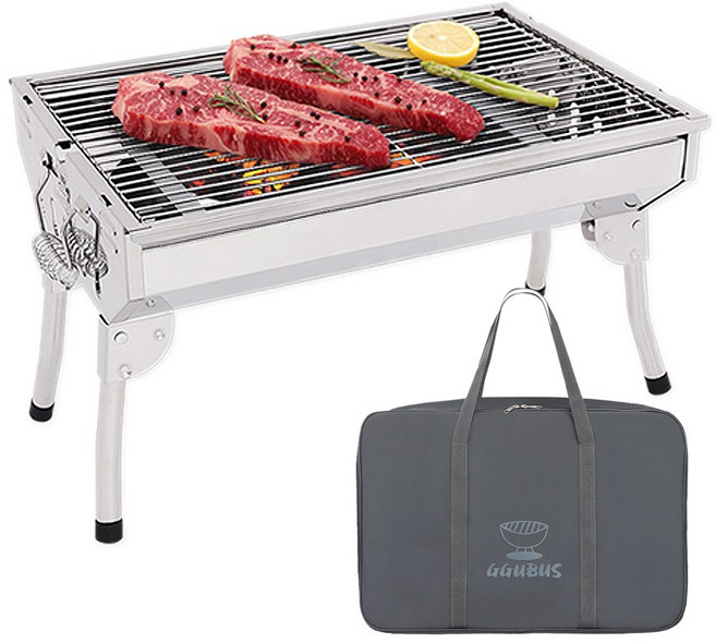 꾸버스 포터블 접이식 스텐 바베큐그릴+전용가방 SET 숯불 직화 화로 펜션 업소 캠핑용, 1세트