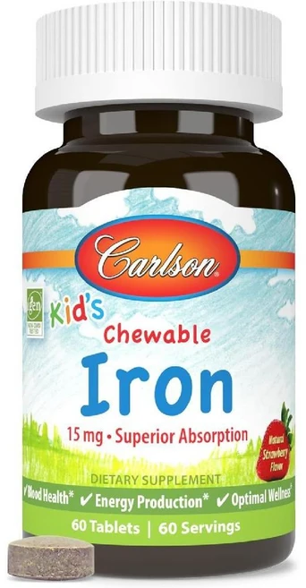 Carlson (칼슨) 어린이용 츄어블 철분 천연 딸기 맛 15mg 60정 2개월분, 1개 - 쿠팡