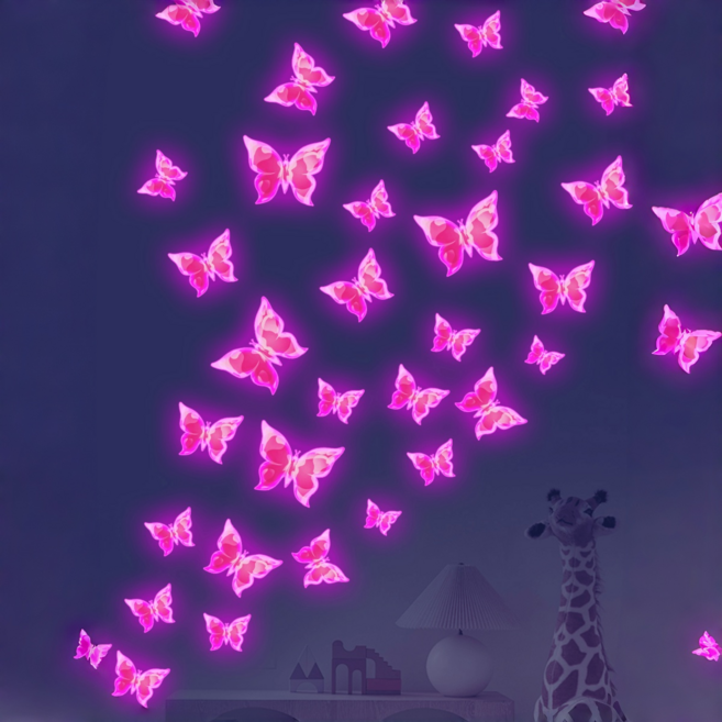 6pcs 핑크빛 빛나는 나비 침실 거실 야간 조명 스위치 장식 나비 스티커, 핑크