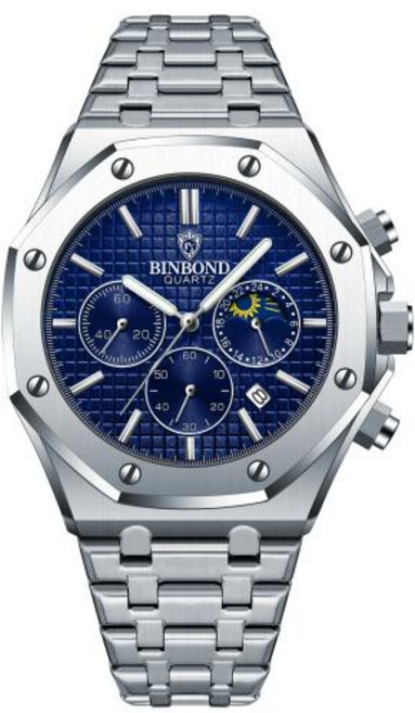 손목 시계 BINBOND 남성용 쿼츠 럭셔리 야광 크로노그래프 스테인리스 스틸 방수 날짜 달력 브랜드