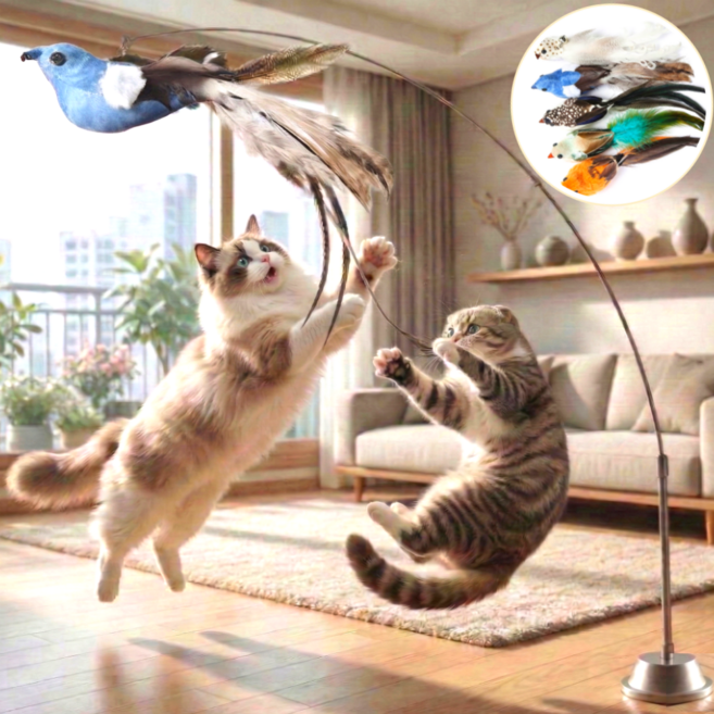스마일플로우 진짜같은 새 고양이 최애 풀세트 튼튼 고정 낚시대 장난감, 1세트, 파랑새