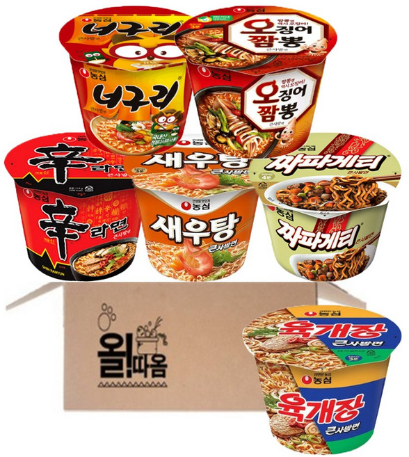 농심 큰컵라면 기획 신라면+새우탕+너구리+짜파+오짬+육개장 각 1개씩, 1박스