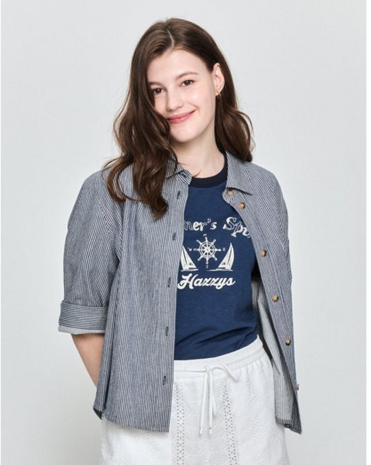 정품 헤지스레이디스 [면100%]블루 스트라이프 데님라이크 반소매 셔켓 HSSH5B421B2