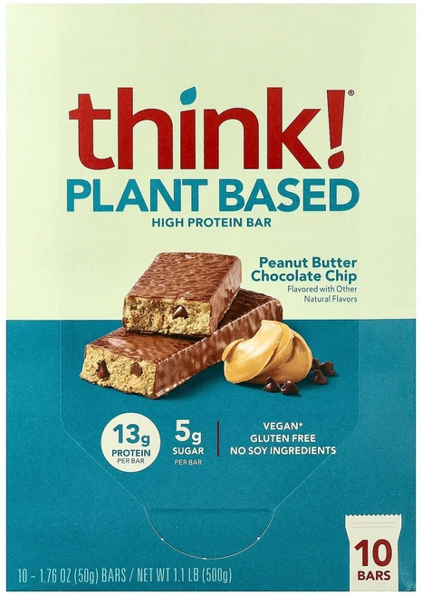Think 식물성 고단백질 바 땅콩 버터 초콜릿 칩 10개입 각 50g(1.76온스), 10 개, 50g - 쿠팡