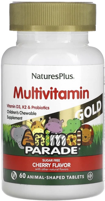 NaturesPlus Animal Parade Gold 어린이용 츄어블 종합비타민 보충제 체리 동물 모양 정제 60정, NaturesPlusAnimalParadeGold어, 1개 - 쿠팡