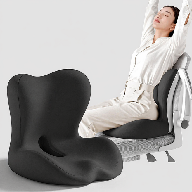 Youchen 바른자세교정 메모리폼 3D일체형허리쿠션 사무실의자 등받이쿠션 편안한 꼬리뼈 보호방석 골반 압력 분산, 블랙