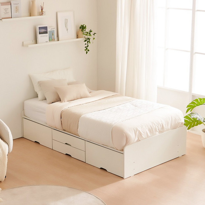 동서가구 룸인 빅서랍 무헤드 2단 서랍 수납 침대 프레임 SS 양면매트 포함 DF926697 화이트