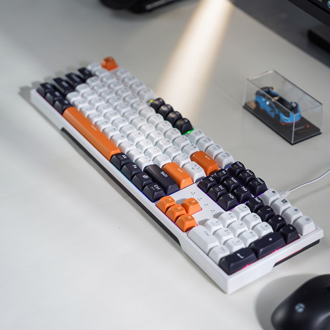 HUOJI 레인보우 무빙 LED 기계식게이밍 사무용 풀 배열 키보드, 청축, CK605, 화이트 오렌지