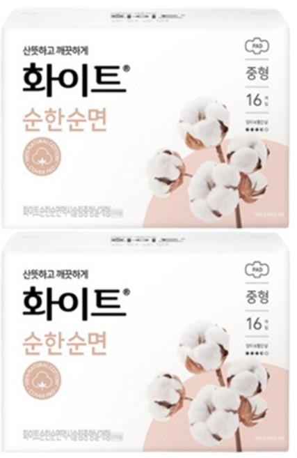 화이트 순한 순면 생리대, 중형, 16개입, 2개