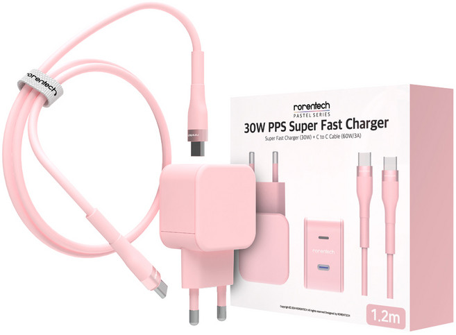 로랜텍 파스텔 PPS PD 초고속 충전기 30W + C타입 to C타입 케이블 1.2m 세트, 핑크, 1세트