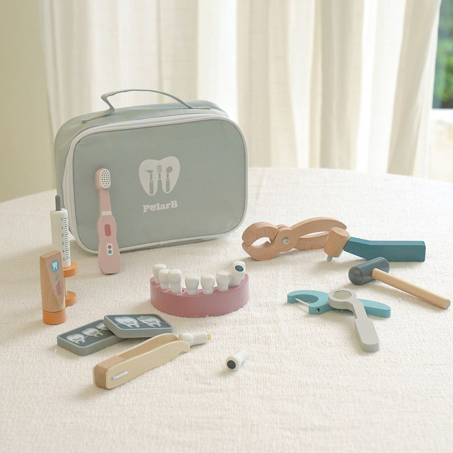 폴라비 원목 치과 병원놀이 장난감 세트 2살 3살 선물, 1개