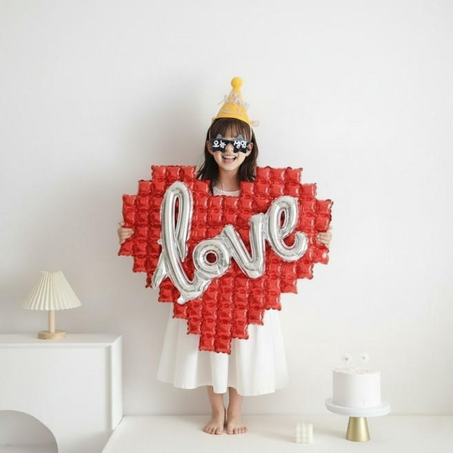 플러피베이비 하트풍선 오늘생일 안경 고깔모자 생일 파티용품, 1개, 레드실버