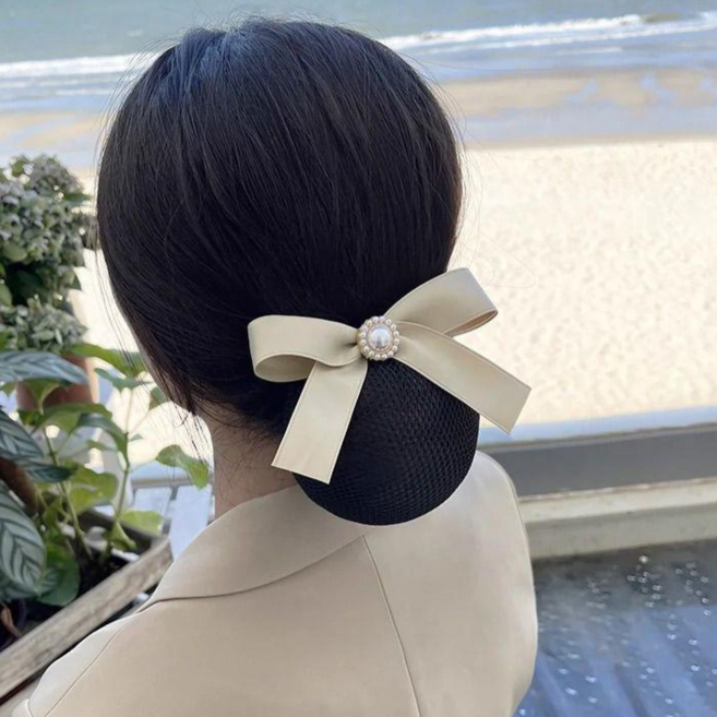 샤샤벨 심플 리본 진주 헤어망 여성 간호사 망사 리본핀 머리망