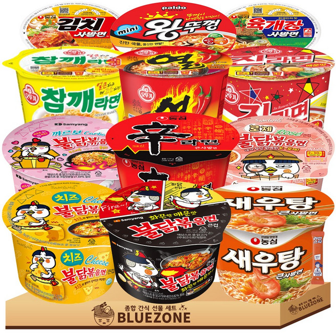오뚜기 농심 삼양 용기컵라면 진라면매운맛1 참깨라면1 열라면1 육개장1 신라면1 새우탕1 미니왕뚜껑1 불닭볶음1 까르보불닭1 치즈불닭1 로제불닭1 김치사발1 라면스틱1, 1박스