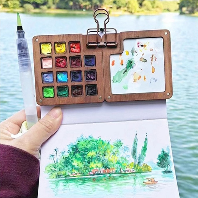 메이크마인 휴대용 수채화 미니 팔레트 + 드로잉북 + 뾰족 워터브러쉬 + 클립 세트, 우드, 1세트, 15칸