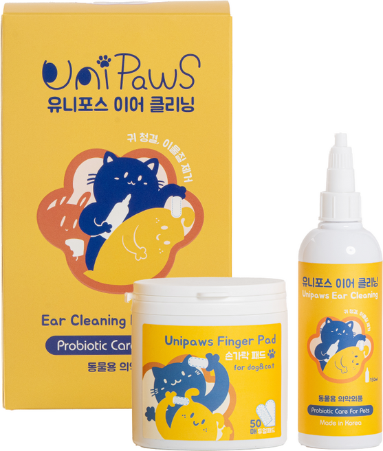 유니포스 강아지 고양이 저자극 이어 클리닝 + 손가락 패드 50p 세트, 150ml, 1세트