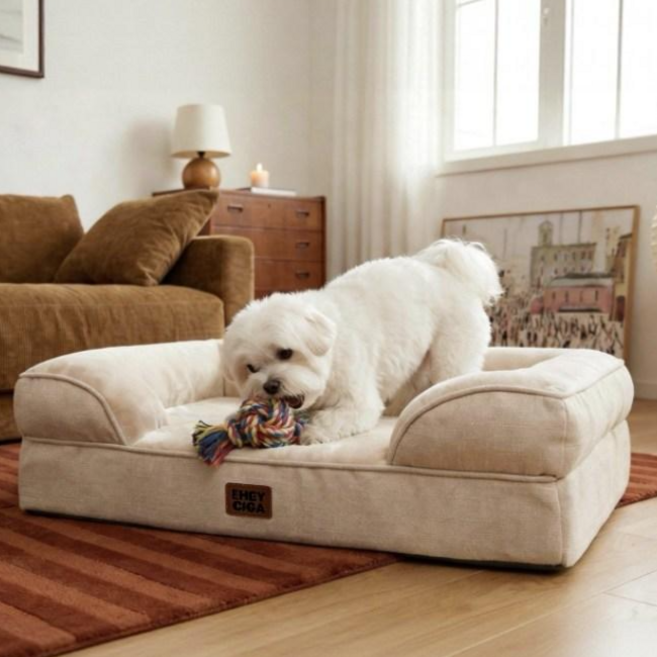 EHEYCIGA 메모리폼 함유 정형외과 반려견 강아지방석 사계절용 애견 강아지쿠션 푹신한 편안한 반려견 소파, 1개, 베이지색