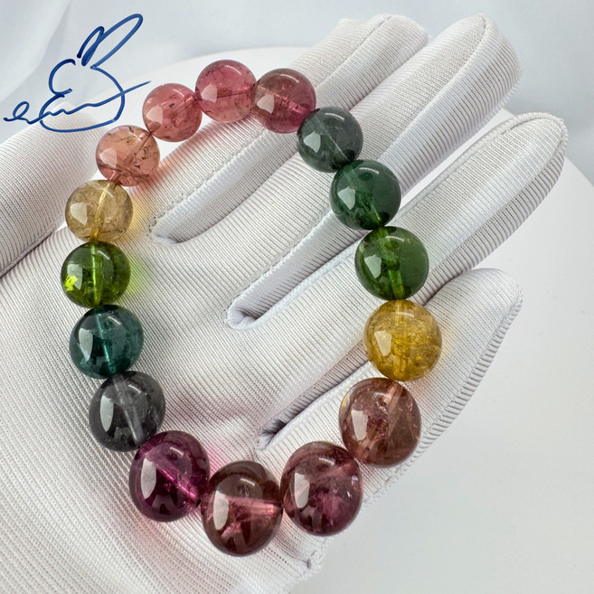 頂級彩虹碧璽手串 12mm圓珠 潤透糖果色 助您財運亨通 顯手腕纖細