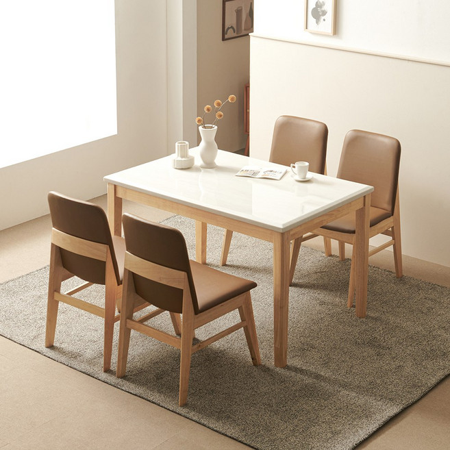 라로퍼니처 루아 1200 천연 대리석 4인용 식탁 세트 원목 테이블, 화이트(상판),내추럴(원목),브라운(방석)