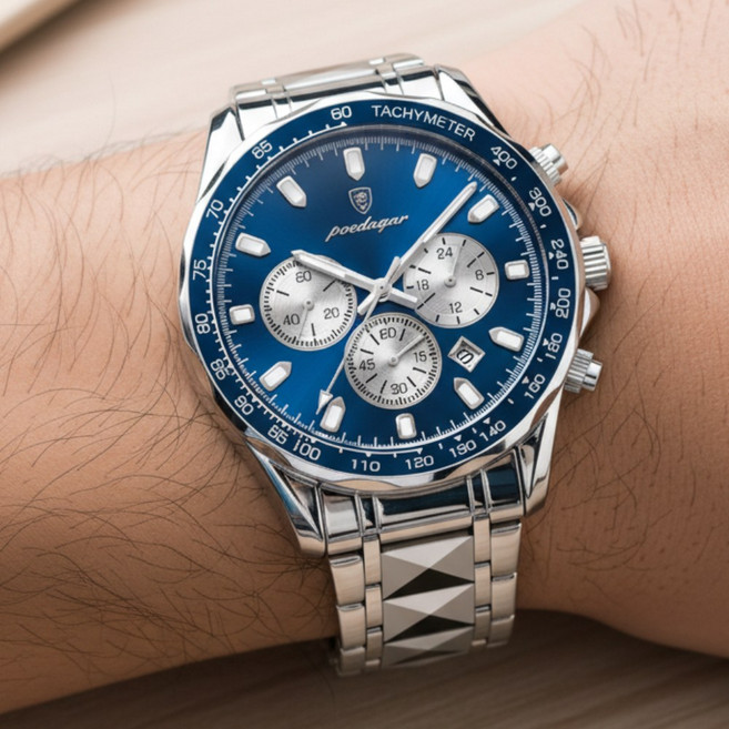 포스워백 오토캘린더 크로노그래프 야광 남자 메탈 손목시계