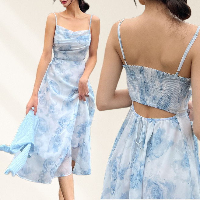 [자체제작] 비키비키 로웰라 원피스 플라워 드레이프넥 롱 비치원피스 휴양지원피스