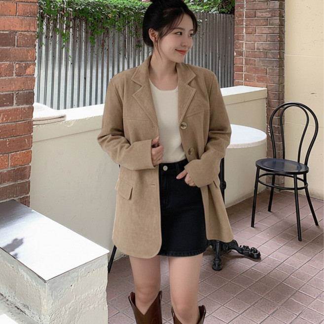 여성용 스웨이드 싱글 자켓 테일러드 카라 아우터