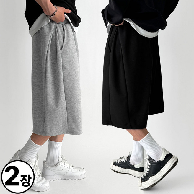 빠델 1+1 7부 사이드핀턱 버뮤다팬츠 벌룬 와이드 스웻 반바지 팬츠 츄리닝