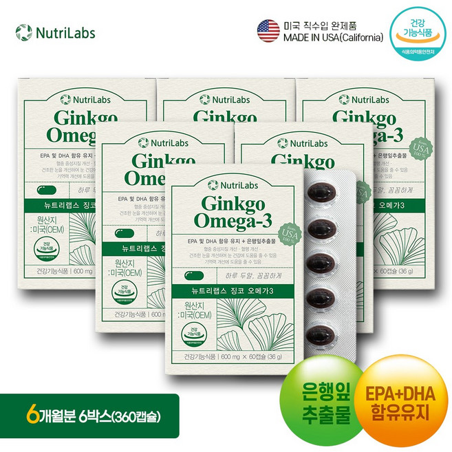 뉴트리랩스 징코 오메가3 60캡슐 EPA및DHA 함유유지+은행잎추출물, 6개, 60정