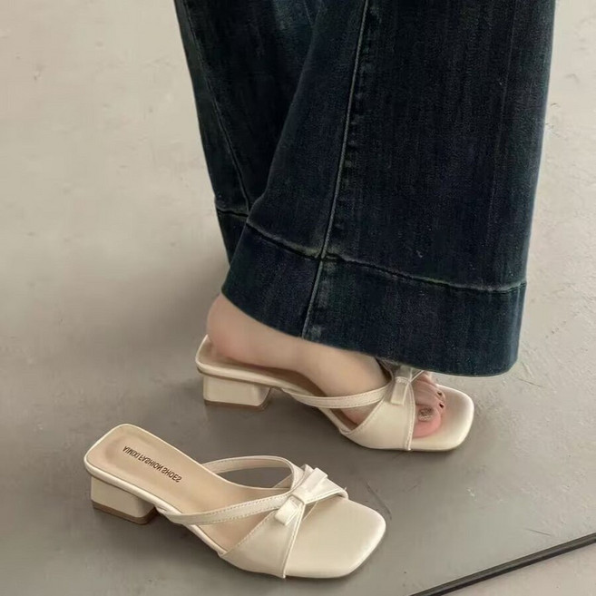 AURALA 여성 베이직 리본 뮬슬리퍼 쿠션 슬리퍼 데일리 샌들 키높이 3cm