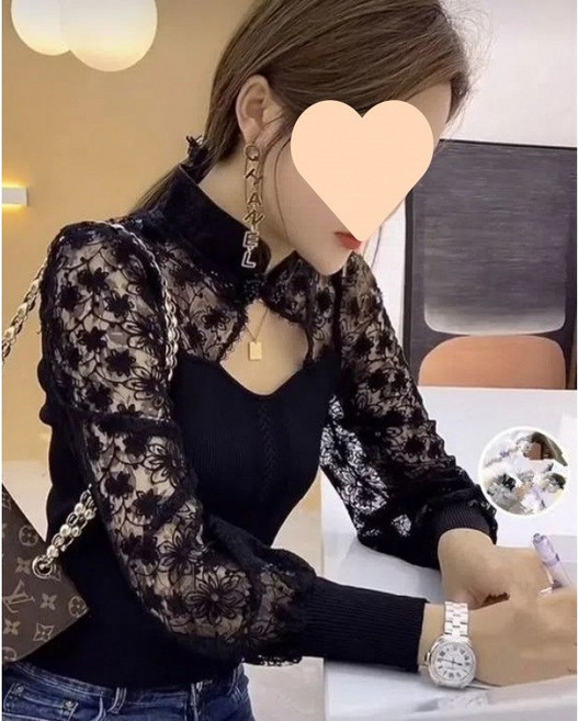 쌍천 레이스 패치 펀칭 여 슬림 톱 Y25101603