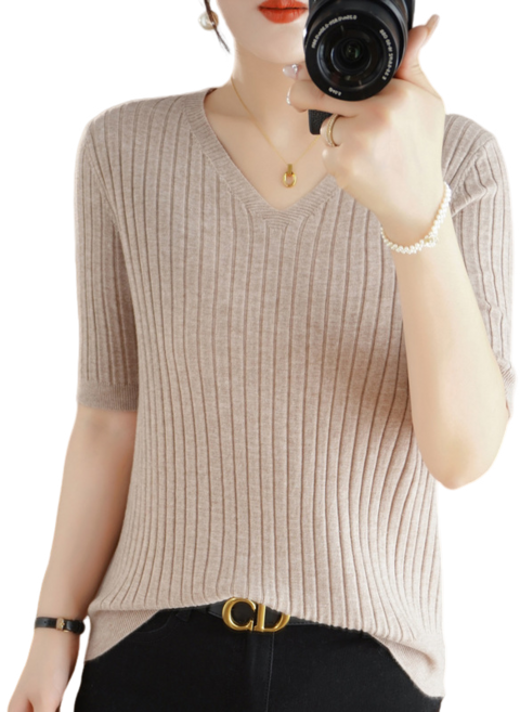 여성용 브이넥 니트 반팔 티셔츠 니트 골지 스웨터 티셔츠 데일리 이너티 뉴타임즈F240301